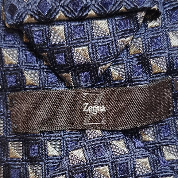 Men's Z Zegna Blue Check Italian Silk Tie - Picture 3 of 6